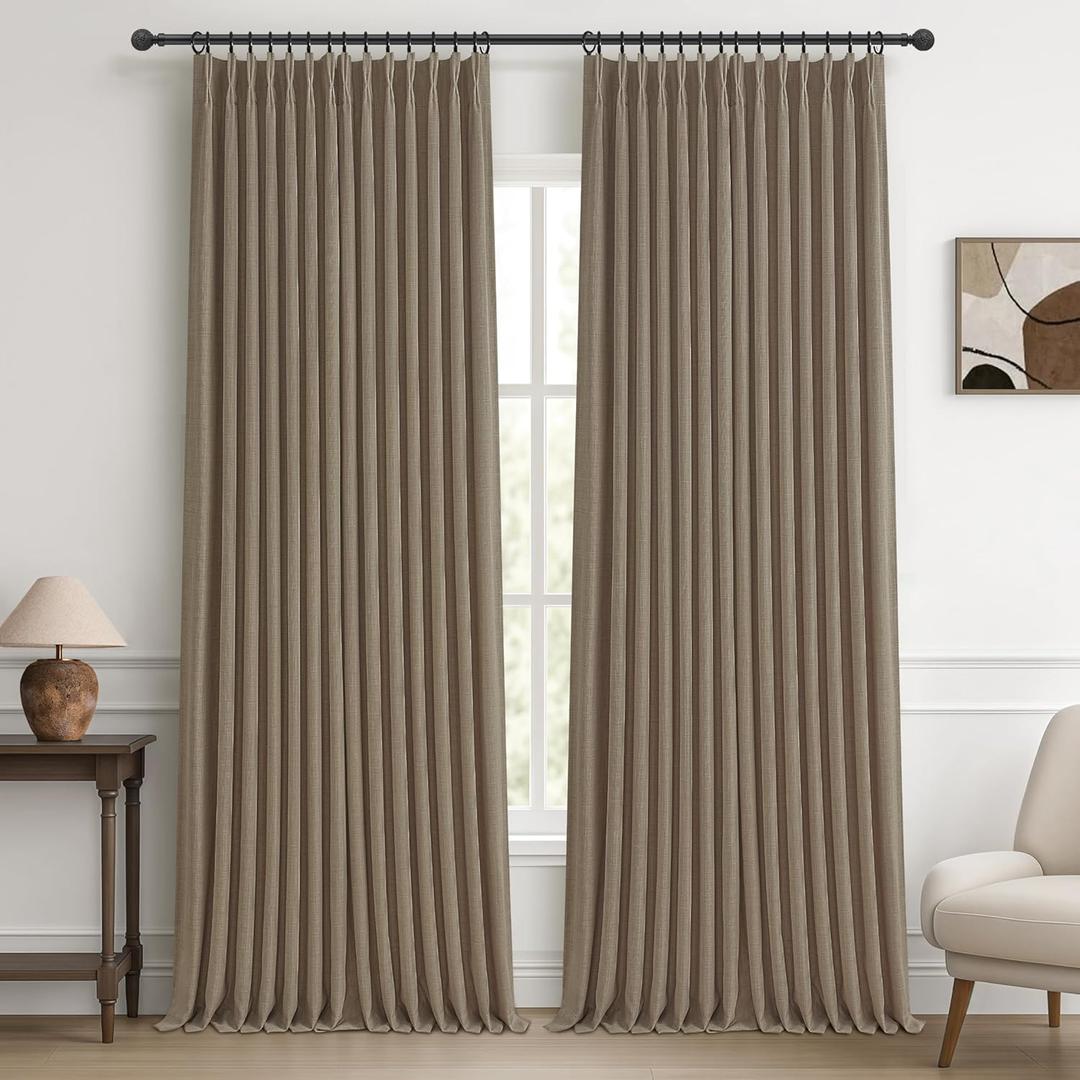 Extra Long 120 Inch Pinch Pleated Floor to Ceiling Curtains for Bedroom 2 Panels Set, Memory Trained Blackout Dual Layer Linen Soundproof Luxury Dark Brown Windows Curtain for Living Room 10 FT Length