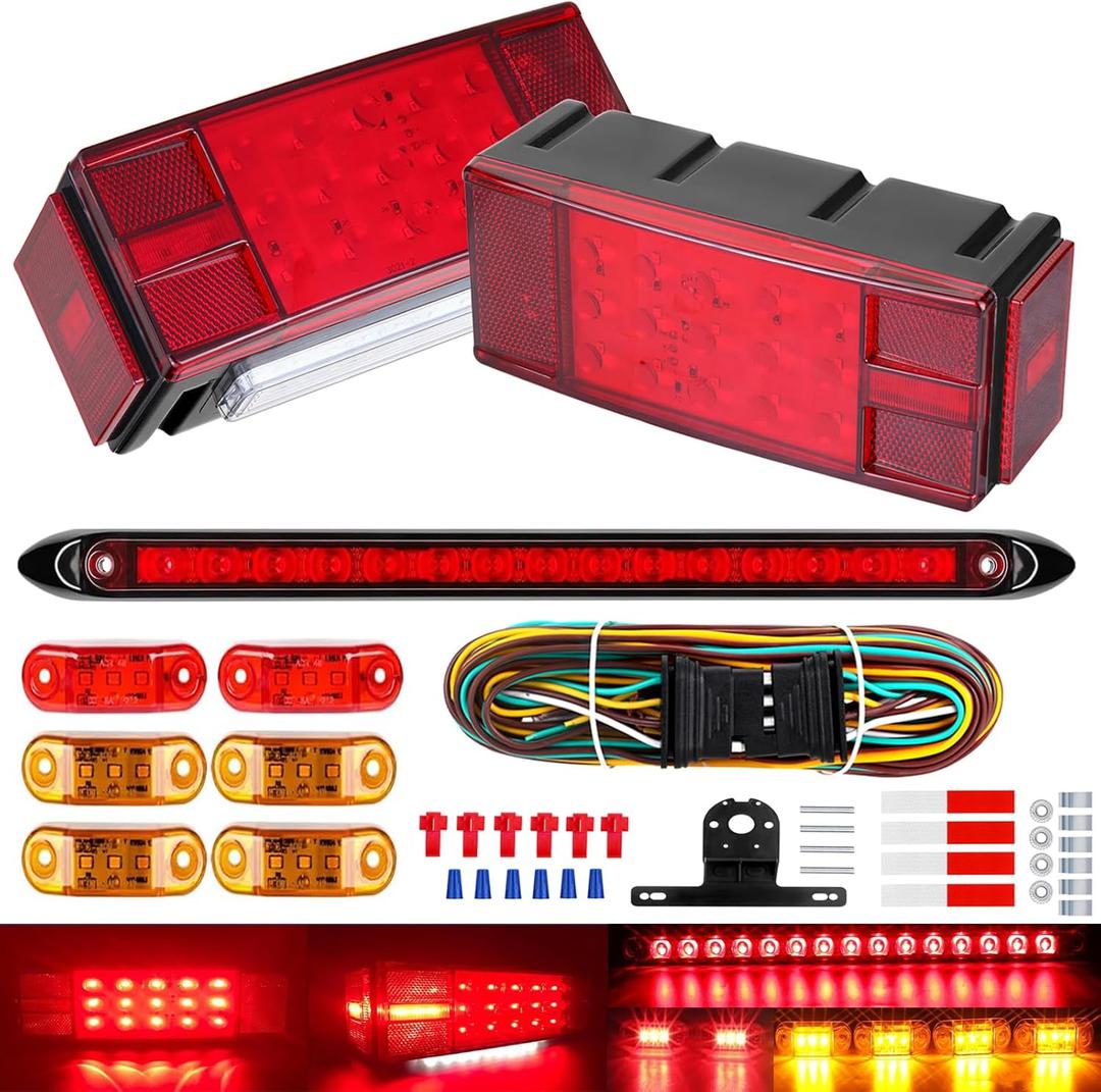 Submersible Boat Trailer Lights, LED Trailer Lights for Utility Trailer, Stop Brake White Backup Reverse License Plate Lights with Wiring Harness, Side Marker, 3rd Light Bar for Boat RV Truck