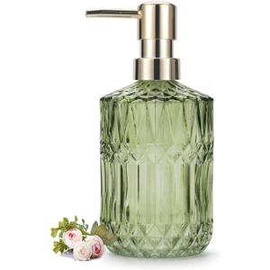 Glass Soap Dispenser 12oz/390ml for Bathroom Kitchen - Hand Soap/Lotion Dispenser with ABS Plastic Pump (Green)