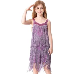 Kids Sequin Fringe Dress Sparkling Tassel Sleeveless Latin Dance Dress Salsa Dancewear Dancer Outfits for Girls (Small, Purple)
