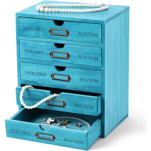 Wesiti 5 Drawer Vintage Wooden Desk Organizer, Apothecary Cabinet Storage Drawers, Rustic Shelf Drawer, Home Office Organizers and Accessories, Embroidery Floss, Craft, Art, Jewelry Storage, Stackable (Blue)