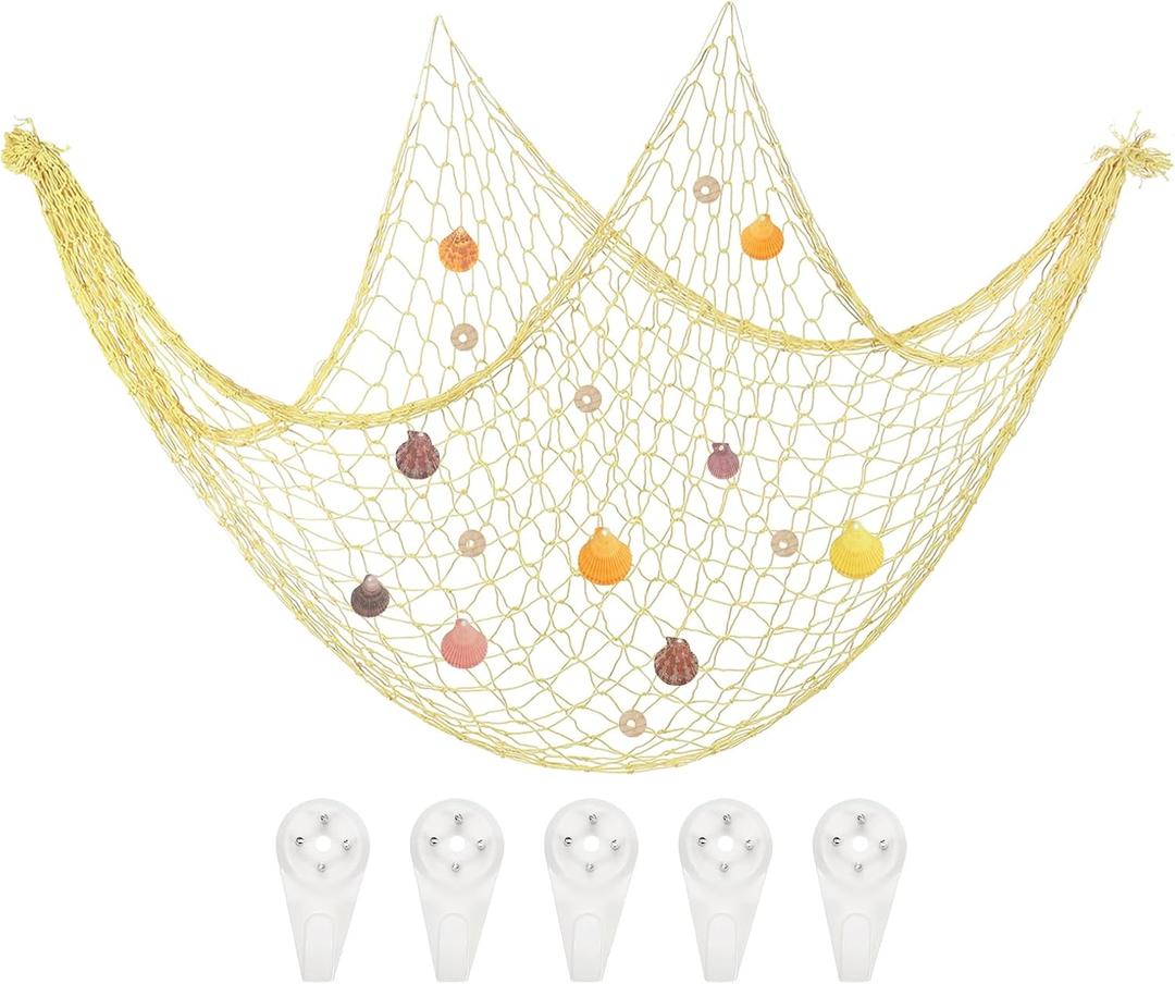 uxcell Natural Shell Decorative Fishing Net 40"x80" Mediterranean Style Ocean Theme Wall Hanging Fish Net Party Decor, Egg Yellow