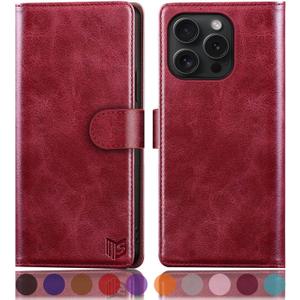 SUANPOT Compatible with iPhone 16 Pro 6.3" Wallet case with RFID Blocking Credit Card Holder,Flip Book PU Leather Protective Cover Women Men for Apple 16 Pro Phone case Red