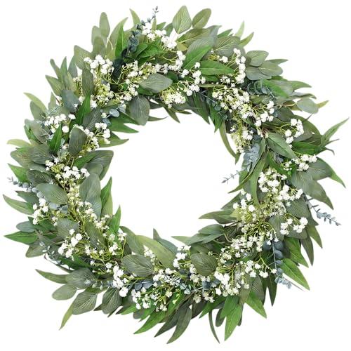 CraftyDream 32" Spring Summer Wreath for Front Door Extra Large Fake Floral Wreath with Eucalyptus Leaves and Baby's Breath for Window Farmhouse Festival Holiday Party Wedding Home Seasonal Decor