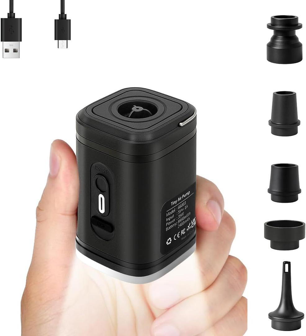 Portable Air Pump for Inflatables, Ultra-Mini Air Mattress Pump 4X with 2400mAh Battery & Camping Light,Wireless Air Pump for Outdoor Travel Swimming Rings, Pool Floats, Sleeping Pads,Vacuum Bag (1200mAh-black)