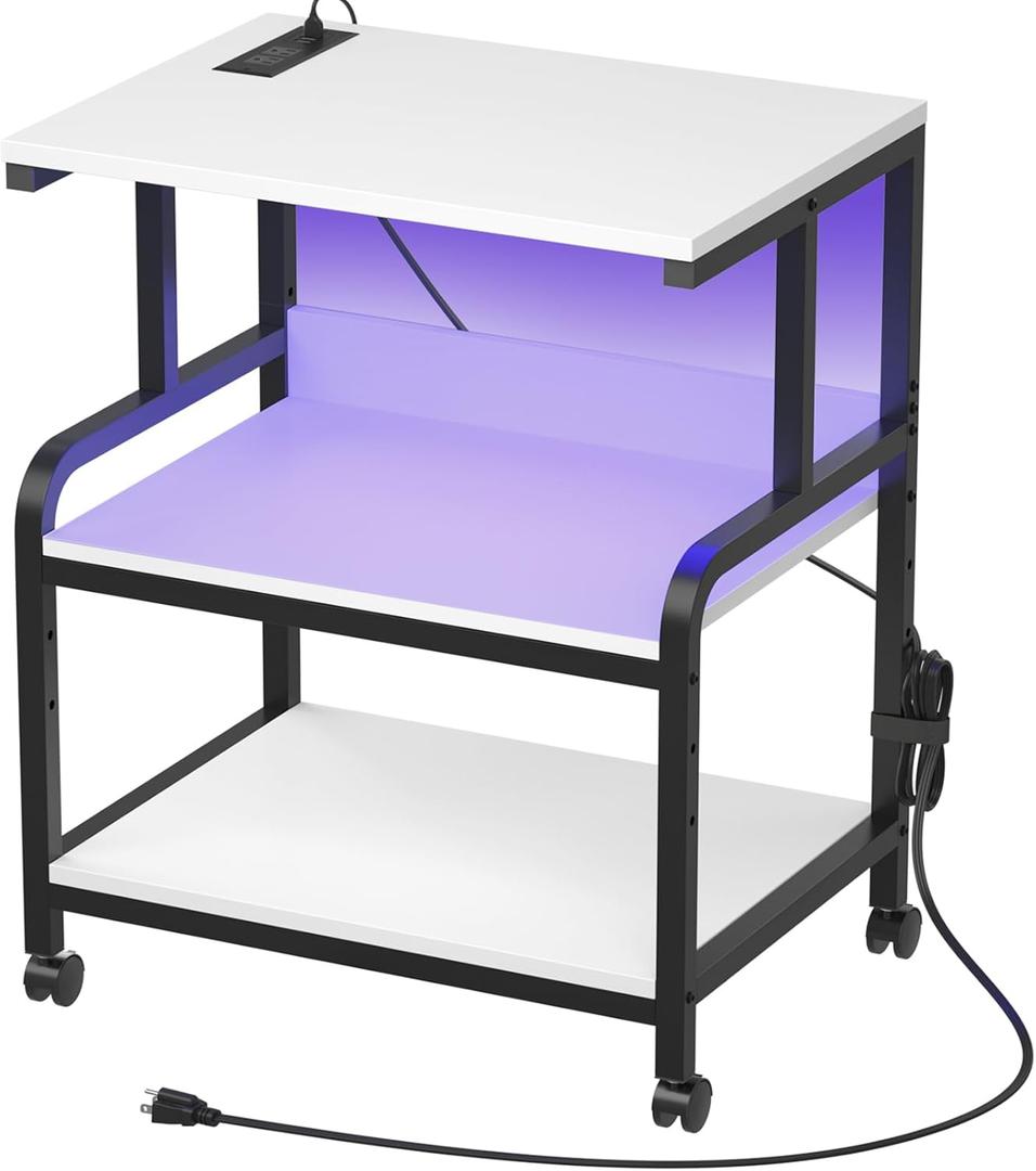 Homieasy Printer Stand, 23.6 x18.9 x 30 Inches Big Size Printer Table with Charging Station and Led Lights, 3 Tier Rolling Printer Cart with Adjustable Storage Shelf, White