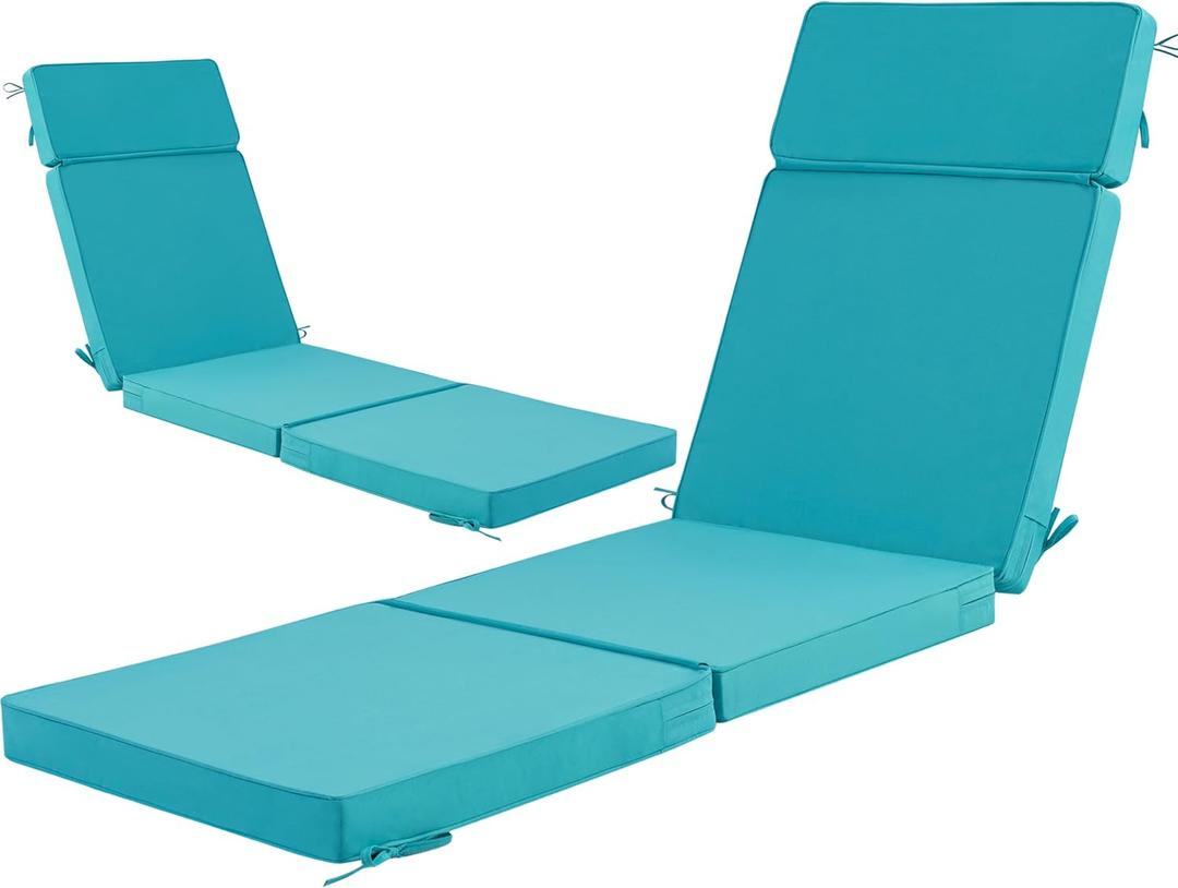 80 x 26 Inch Outdoor Chaise Lounge Cushions Set of 2 - Removable Cover, 4-Section Design, Water-Repellent & Fade-Resistant, 6 Tie Straps, Replacement for Patio & Pool Chairs - Teal, 80''x26'' | 2 Pack