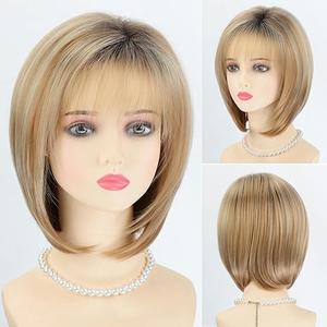 RENERSHOW Blonde Highlight Short Pixie Bob Wig with Bangs Straight Ombre Blonde Synthetic Wig with Dark Roots Layered Blonde Wigs for Women Medium Bob Daily Party Wig