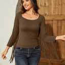 Fringe Tops for Women Western Cowgirl Off The Shoulder Fall Long Sleeve with Tassels Stretchy Crop Shirts Blouses (Brown, XL)