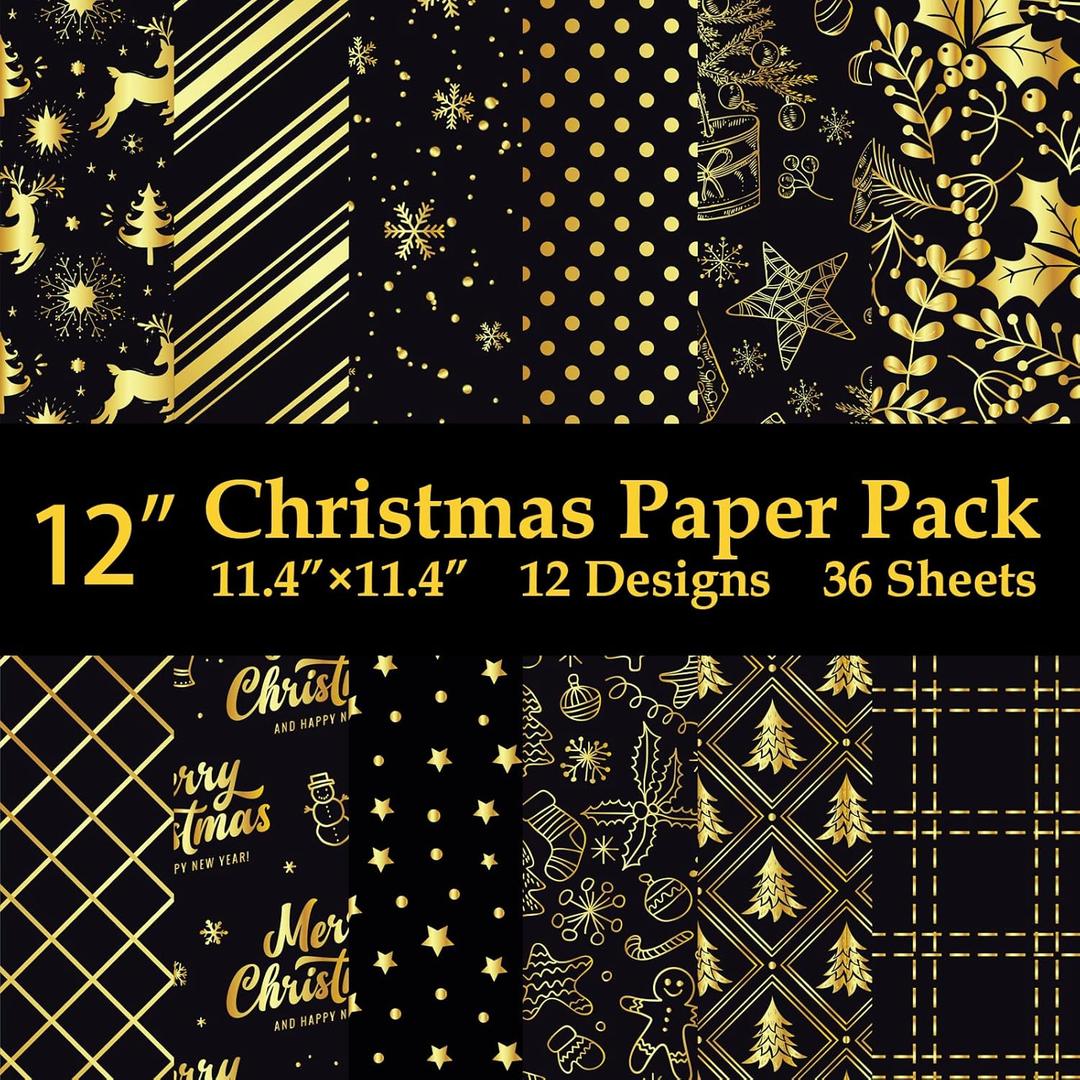 12" Christmas Pattern Paper & Sticker Kit Black Gold Scrapbook Premium Specialty Paper Double-Sided 12"x12" with 12 Designs 36 sheets for Scrapbooking Card Making Crafting