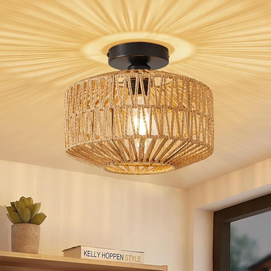 Rattan Chandelier Light Fixture Ceiling Mount, Boho Light Fixtures, Hand Woven Rustic, Ceiling Light Fixtures Flush Mount, Hallway Bedroom Farmhouse Kitchen Entryway Hall