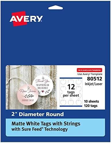 Avery Round Tags, Sure Feed Technology, 2" Diameter, Matte White, Strings Included, 120 Total, Print-to-The-Edge, Laser/Inkjet Printable (80512)