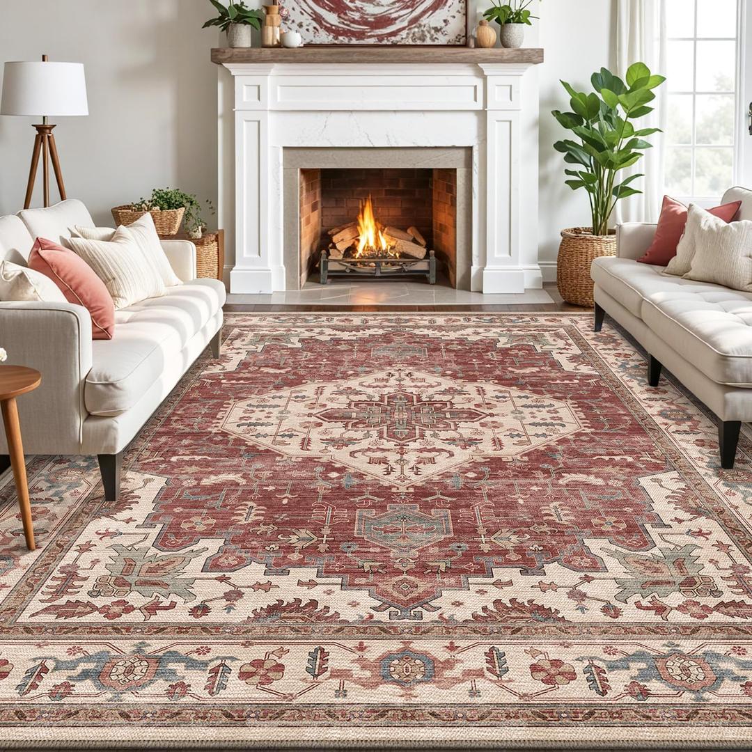 LUMI 8x10 Washable Area Rug for Living Room, Ultra Soft Traditional Vintage Red Rugs Non Slip with Rubber Backing, Low Profile, High Traffic, Stain Resistant Carpets, Ideal for Bedroom, Dining Room (Timeless Soul)