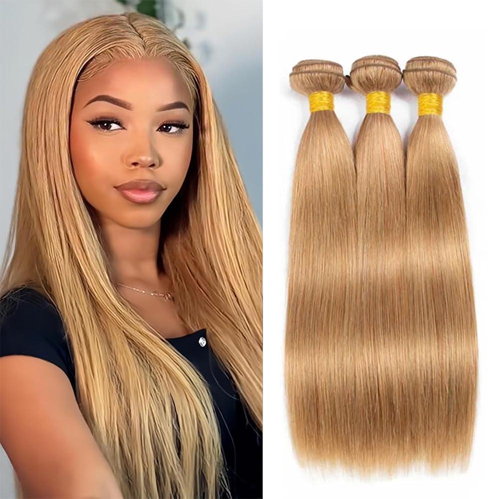 Blonde Straight Human Hair Bundles 24 Inch #27 Honey Blonde Straight Single Bundle Human Hair Unprocessed Native Virgin Hair 100g Total 1 Hair Extensions Double Weft for Women