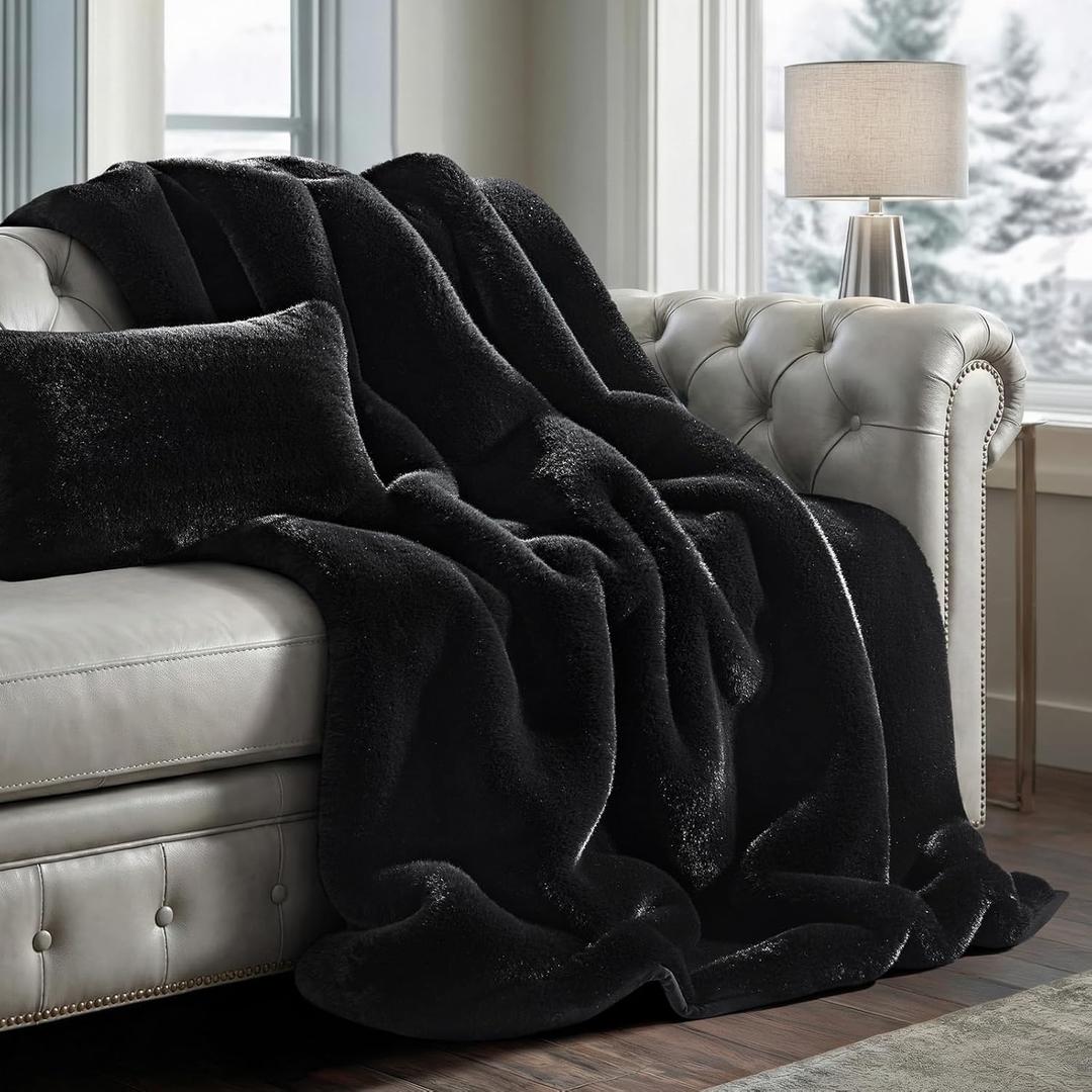 EVERGRACEHOME Luxury Soft Faux Chinchilla Fur Throw Blanket for Couch, Warm Thick Heavy Winter Throw Blanket 1220GSM for Bed, Fluffy Cozy Mink Blanket with Reversible Velvet, Black Noir Mink, 60"x80"