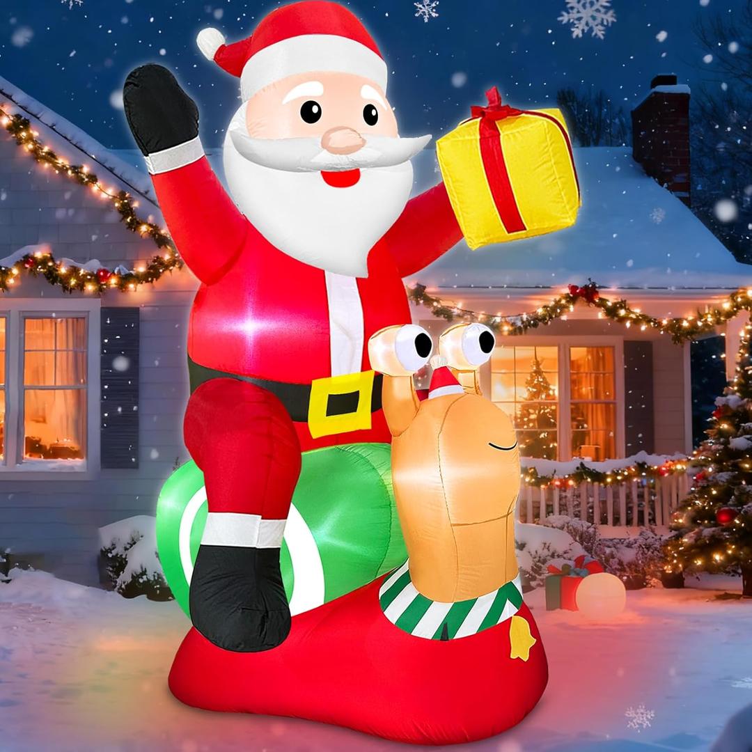 6 FT Christmas Inflatables Santa Claus with Blow Up Snail & Gifts on The Farm Decoration, Xmas Blow Up Santa with Animals Built-in 6 Bright LEDs for Xmas Party Holiday Outdoor Indoor Yard Lawn Garden