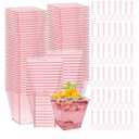 Mifoci 50 Sets Dessert Cups with Spoons, Square Disposable Plastic Parfait Bowl, Elegant Clear Dessert Cups for Fruit Ice Cream for Wedding Bridal Shower Baby Shower Graduation Birthday (8 oz,Pink)