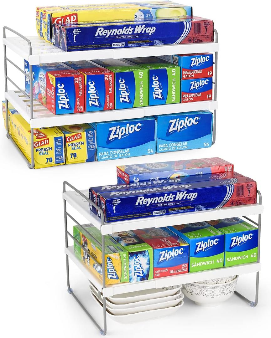 2 Pack Expandable Kitchen Wrap Organizer Rack, Height & Width Adjustable Aluminum Foil and Plastic Wrap Organizer for Pantry, Cabinet Food Wrap Organization and Storage - (3 Tier 9.8 to 15.6"L) (White-2P)