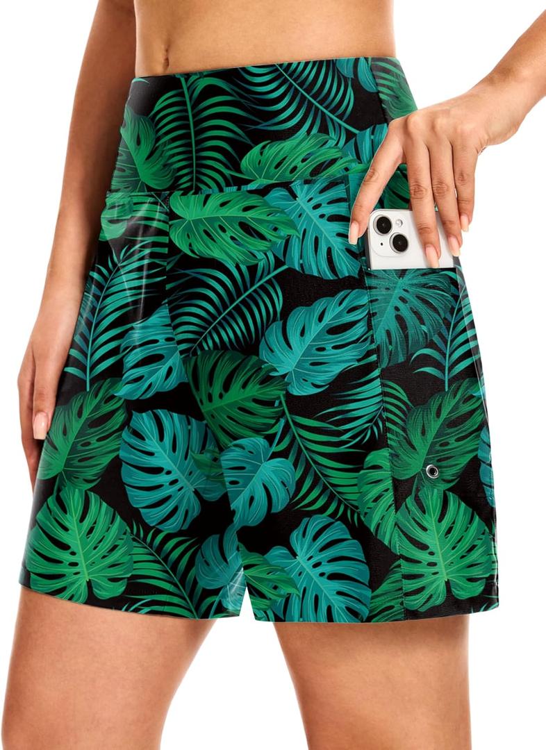 Blouty Women's 7" Long Swim Board Shorts with Pockets Liner High Waisted Quick Dry Beach Swimming Shorts for Women (Large, Palm Leaf)