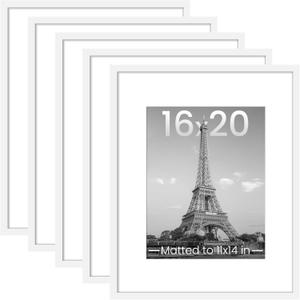 upsimples 16x20 Picture Frame Set of 5, Display Pictures 11x14 with Mat or 16 x 20 Without, Wall Gallery Poster Frames, White