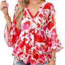 VALOLIA Flowy Blouses for Women 3/4 Long Sleeve Dressy Shirts V Neck Tops Fit Blouses Floral Formal Tops for Women Casual Fall Tunics to Wear with Leggings Pink Floral Large (L)