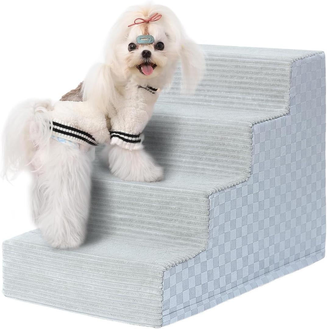 Vfrog Dog Stairs for Small Dogs,17.5" H,4-Step Dog Steps Ramp for Bed and Couch with High Density Foam,Non-Slip Pet Steps for Dogs and Cats,Pet Stairs with a Washable Cover,Grey
