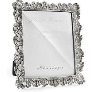 Cuspin Silver 8x10 Picture Frame, Vintage Silver Ornate Palm Leaves Textured Hand-Crafted Resin with Glass Front, Elegant Retro Design Photo Frame for Wall Hanging and Tabletop Display Home Decor (Silver Feather Petal)