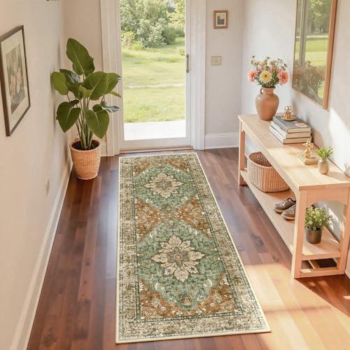 RELEANY Area Rugs 2'x6' Runner Rug Non Slip Washable for Kitchen Hallway Bedroom Beside Laundry Room Bathroom Rug, Floor Carpet, Brick Red Rust Neutral Brown Burnt Orange Green, Brick/Brown/Green