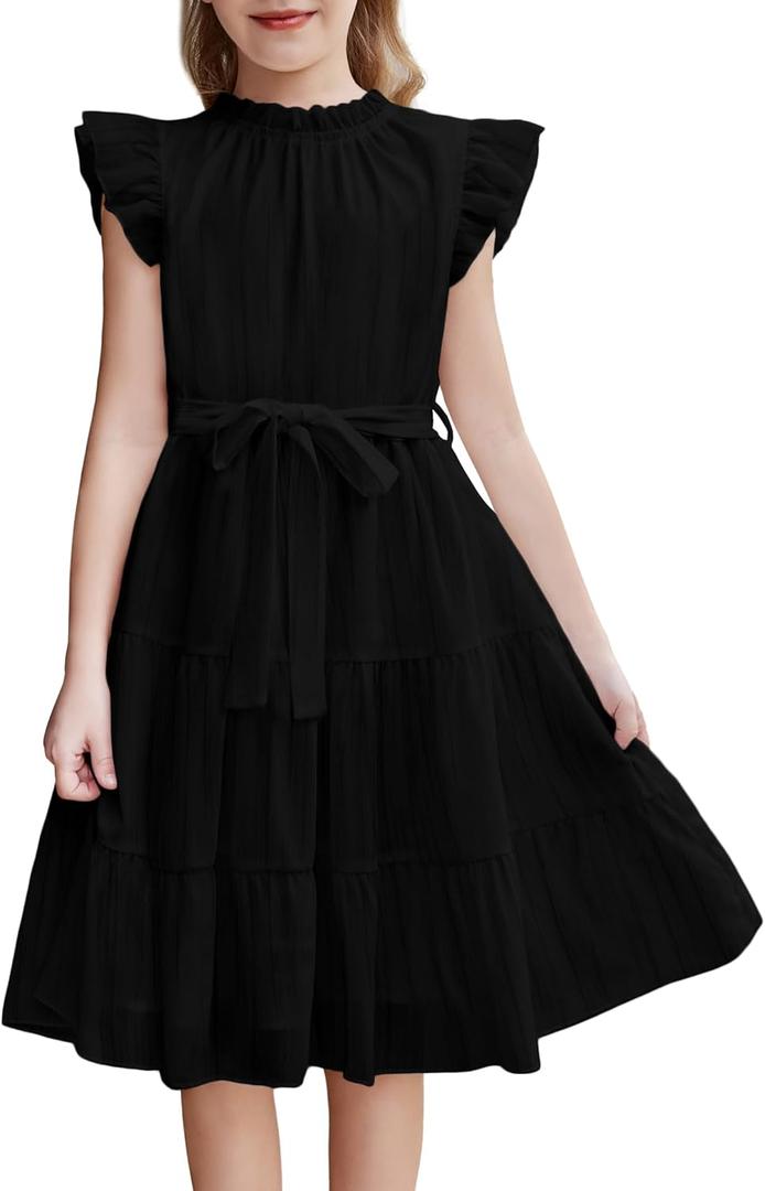 Arshiner Tween Girls Summer Dress Formal Ruffle Sleeve A Line Casual Elegant Dresses with Belt (14)