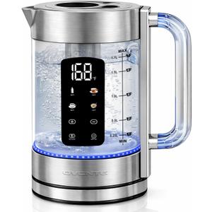 OVENTE Digital Glass Electric Tea Kettle 1.7L with Color-Changing LED Lights Temperature Control, Double-Wall Cool Touch, 4 Presets, Keep Warm, Tea Infuser & Boil-Dry Protection, Silver KGD913S