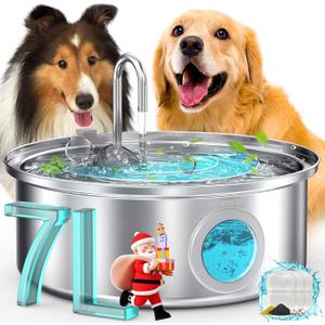 Oneisall Dog Water Fountain, 7L/230oz/1.8G Quiet Dog Fountain Water Bowl, Stainless Steel Dog Water Fountain with Visual Water Level & Triple Filtration for Large Medium Small Breed Dogs Pets