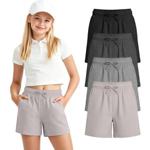 2 x 4 Pack Shorts for Girls 5-14years | Kids Wide Leg Shorts, Teen Athletic Shorts, Sweatshorts, Summer, Casual, Elastic Waist, Pull On, 2 Pockets, School, Running (Gray)