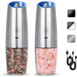 Rechargeable Electric Salt And Pepper Grinder Set, Automatic Gravity Electric Salt And Pepper Grinder Set, Adjustable Roughness, Led Light, 2 Pack, (Silver)