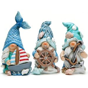 Hodao Ocean Gnome Figurines Set of 3, Nautical Resin Decor with Sailboat Anchor Helm Design, Cute Coastal Gnome Statues for Valentines Day Easter, All Season Home Decor