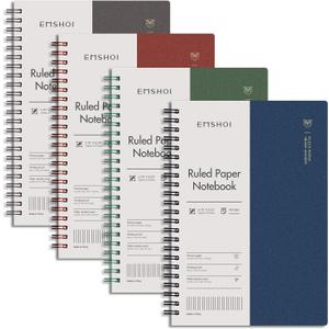 EMSHOI Lined Journal Spiral Notebook 5.7" x 8.22" - 4 Pack 640 Pages 100gsm Thick Paper, A5 Small Notebooks College Ruled, Plastic Hardcover Journals for Writing Women Men Work School Supplies (Brownredgreenblue)