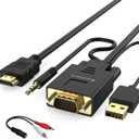 FOINNEX VGA to HDMI Cable with Audio, 1080P VGA to HDMI Adapter Cable VGA Computer/Laptop to HDMI Monitor/TV, VGA Male to HDMI Male Converter Cord for Desktop Laptop Projector to Monitor HDTV, 6FT