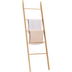 Navaris Bamboo Towel Ladder - Wood Rack for Towels, Clothes, Blankets - Wall Leaning Wooden Rack for Bathroom, Bedroom - 5-Tier Towel Holder Stand