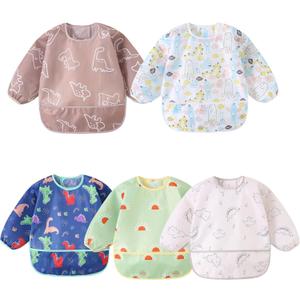 Hafftnun Long Sleeved Bibs, 5 PCS Waterproof Wearable Bibs with Sleeves, Baby Feeding Smock 6-30 Months (5 Pcs Set A)