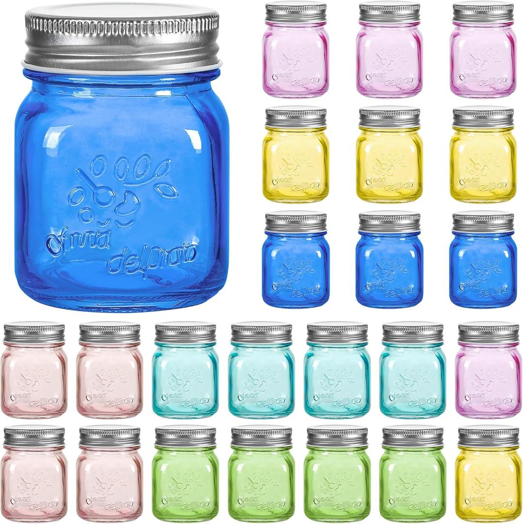 Amzcku Mini Colored Mason Jars 5 oz with Metal Lids - Glass jar for Jam, Honey, Candle, Canning, Wedding Favors, Shower Favors, Food Storage, Jelly, DIY Spice Jars, 24 Pack