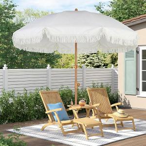 HOMEDEMO 7.5FT Boho Patio Umbrella with Fringe, Outdoor Tassel Umbrella with UPF50+ Sun Protection and Push Button Tilt, Premium Aluminum Pole & Fiberglass Ribs, Includes Hanging Hook, Creme
