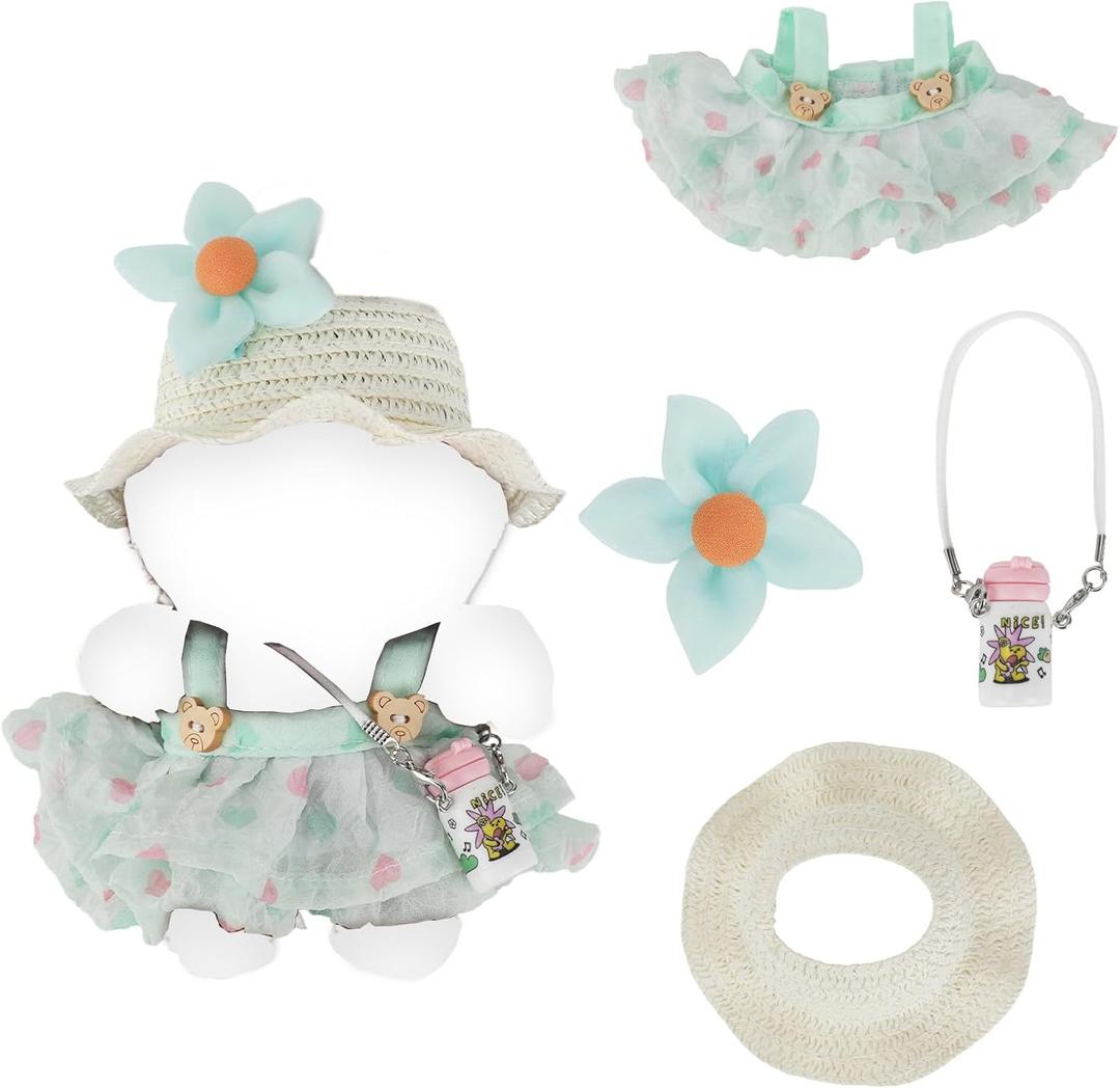6 x Doll Clothes Set, Kawaii Outfits for 17cm Plush Dolls Accessories Supplies Summer Dress Fashion Cute Skirt Clothing with Straw Hat Water Bottle for Display & Collectors