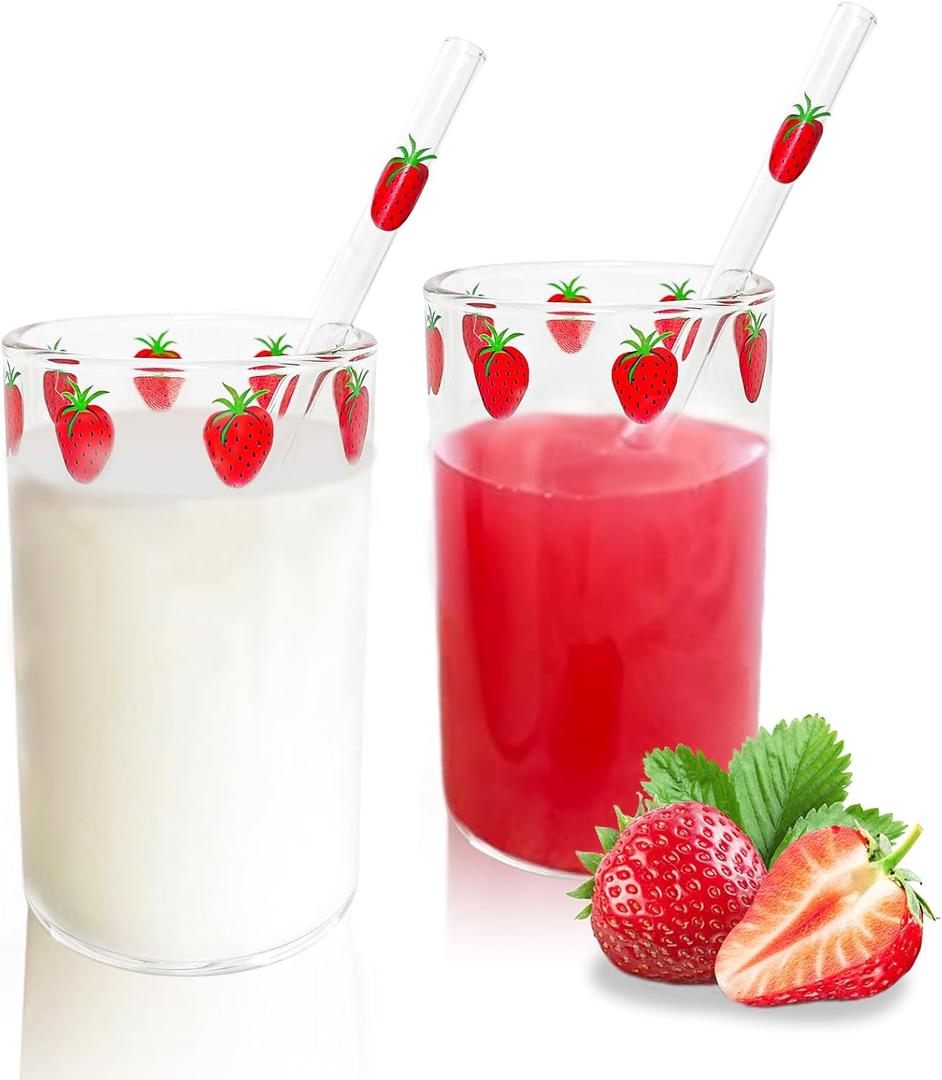 Strawberry Cups 2 Sets with Straws Cute Cups 300ML with Straw Cleaner Brush Cute Strawberry Pattern for Water Juice Milk Coffee Tea2 Sets