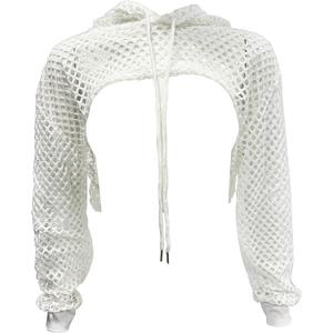 ZUYPSK Womens Fishnet Long Sleeve Hollow Out Hoodie Pullover Crop Top Summer Short Sweatshirt Outerwear (White, L)