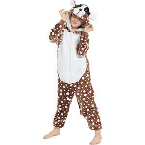 Dog Costume for Kids Onesie Plush Animal Dalmatian Girls One Piece Pajamas Halloween Christmas Cosplay Teen Sleepwear (10-11 Years, Brown)