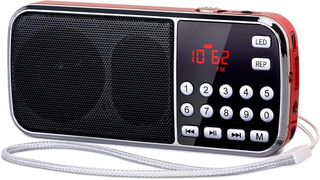 PRUNUS J-189 Bluetooth AM FM Radio, Small Portable Radio - Dual Speaker Heavy Bass, LED Flashlight, Pocket Size, TF Card USB AUX MP3 Player, Rechargeable Battery Operated Small Radios(Red)