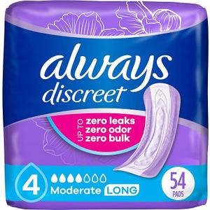 Always Discreet Adult Incontinence Pads for Women, Moderate Absorbency, Long Length, Postpartum Pads, 54 Count