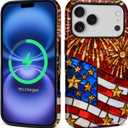 Case for iPhone 17 Pro(Compatible with MagSafe),Soft TPU+Hard Acrylic 2-in-1 Glossy Phone Cover for Men/Women,Shockproof Protective Case Compatible with iPhone 17 Pro Fireworks USA Flag