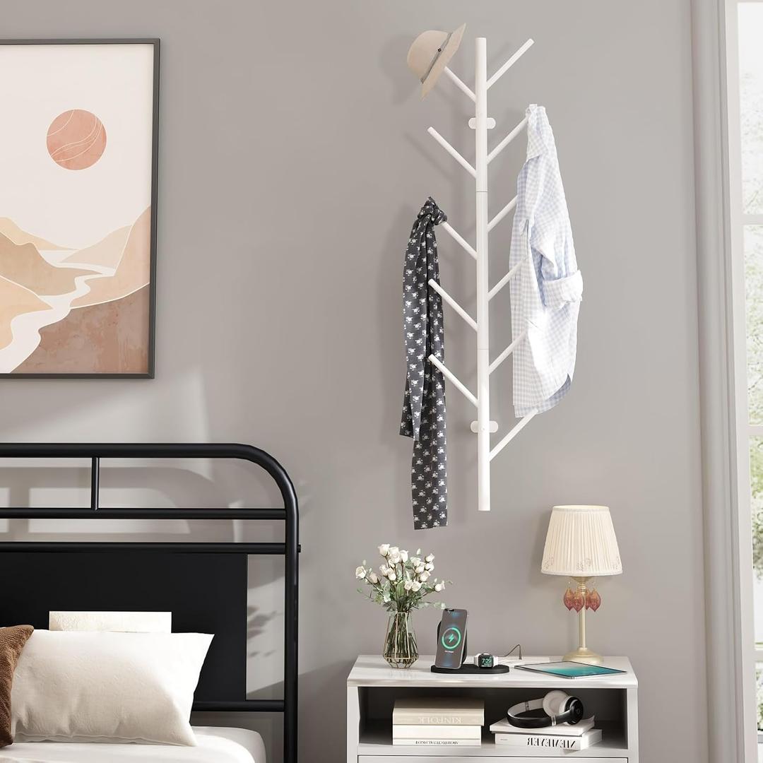 Wall Mount Modern Coat Rack, 39 Inch Metal Coat Hanger Rack with 11 Hooks, Vertical Coat Tree Rack for Bedroom, Living Room, Entryway, Corner (White)