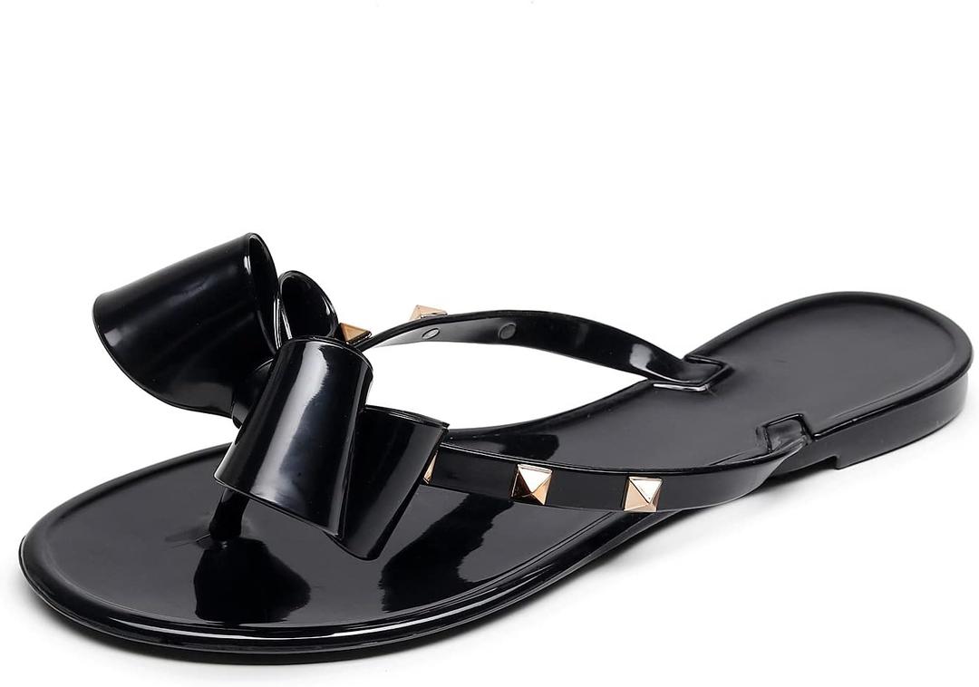 Womens Studded Jelly Sandals Flat Bow Flip Flops Black Jellies Shoes Size 8, Summer Beach Thong with Rivets Strappy Slides Slip On