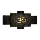 Hindu Om Symbol Wall Decor for Living Room 5 Panels Buddha Yoga Circle Golden Pictures Canvas Painting Home Decoration Wooden Poster Artwork Stretched and Framed Ready to Hang (60¡±Wx32¡±H)